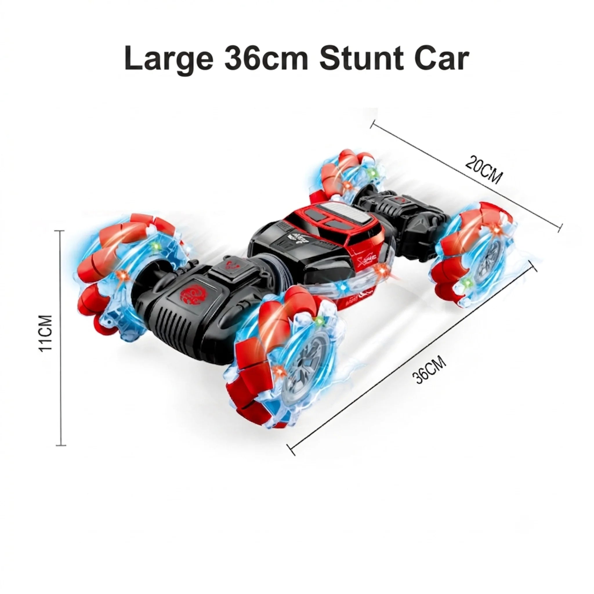 Dimensions of the remote control twist stunt car measuring 36 × 20 × 11 cm