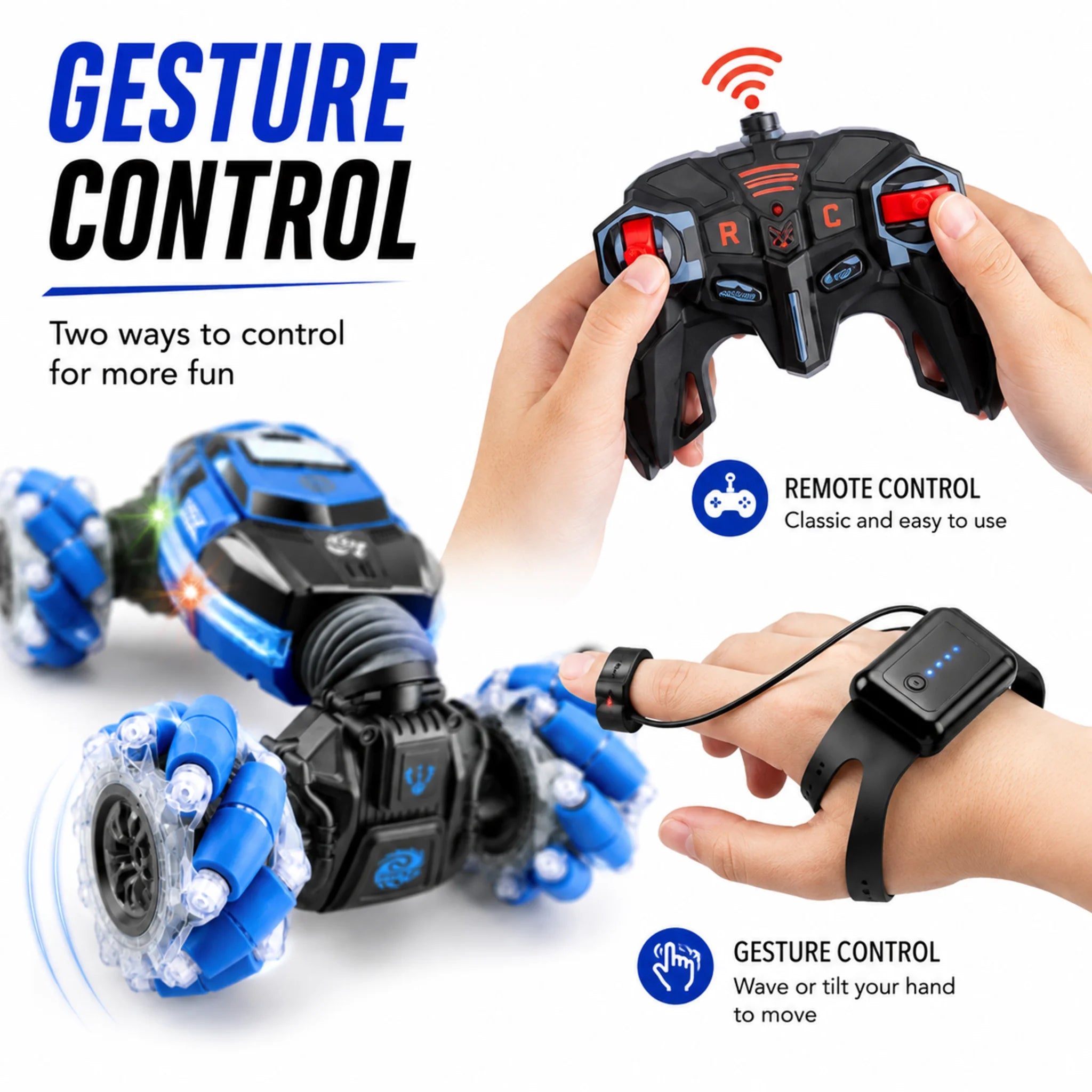 Gesture wrist controller and handheld remote for the twist stunt car