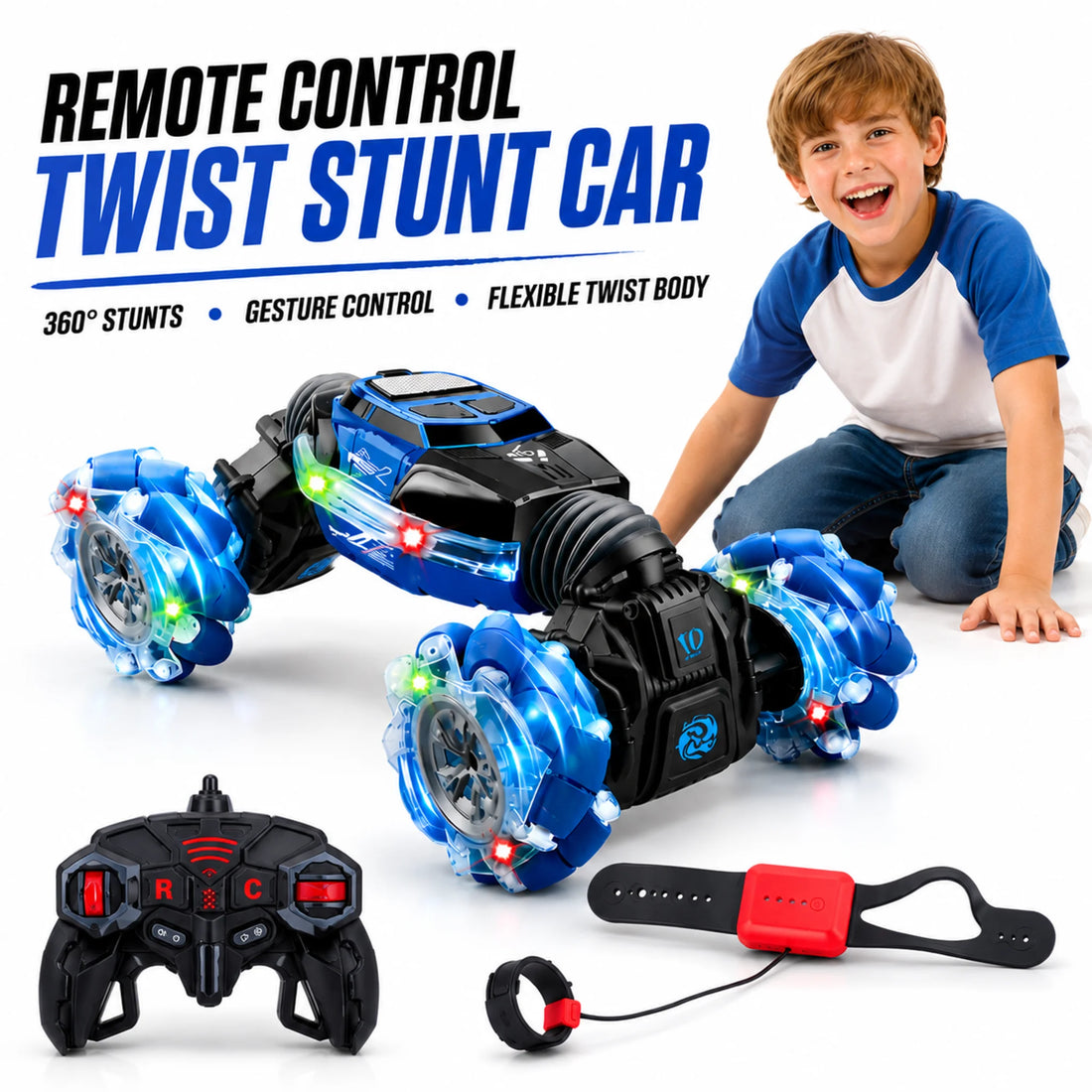 Child playing with a remote control twist stunt car using handheld and gesture controllers