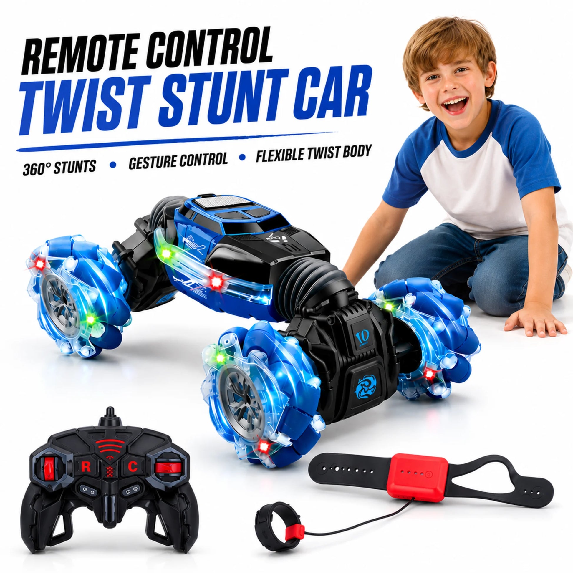 Child playing with a remote control twist stunt car using handheld and gesture controllers