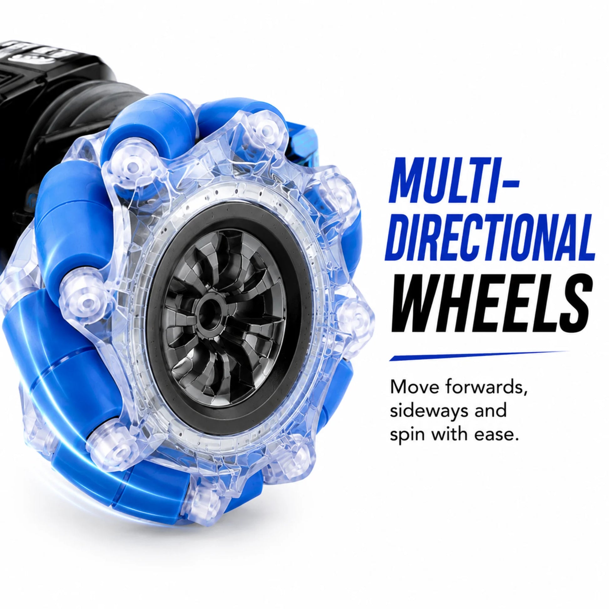 Close-up of the multi-directional wheels on the remote control twist stunt car