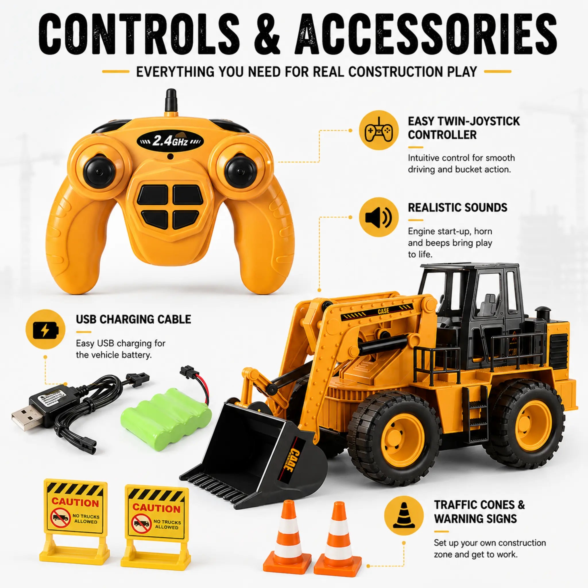 	RC wheel loader controller, rechargeable battery, USB charging cable and included accessories
