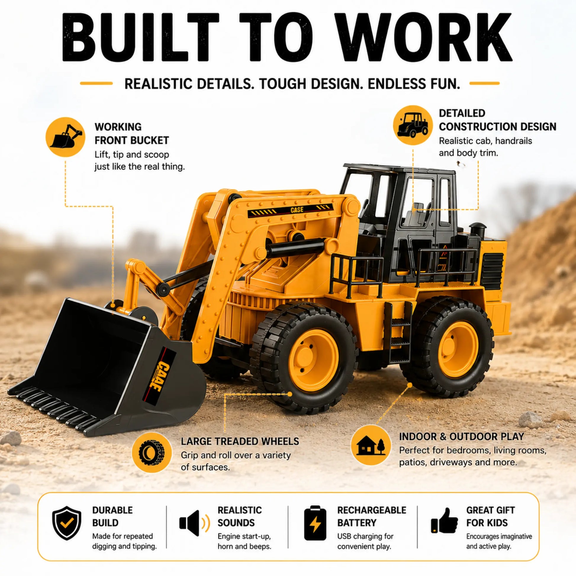 	Close-up of the RC wheel loader highlighting the working bucket, treaded wheels and realistic construction details
