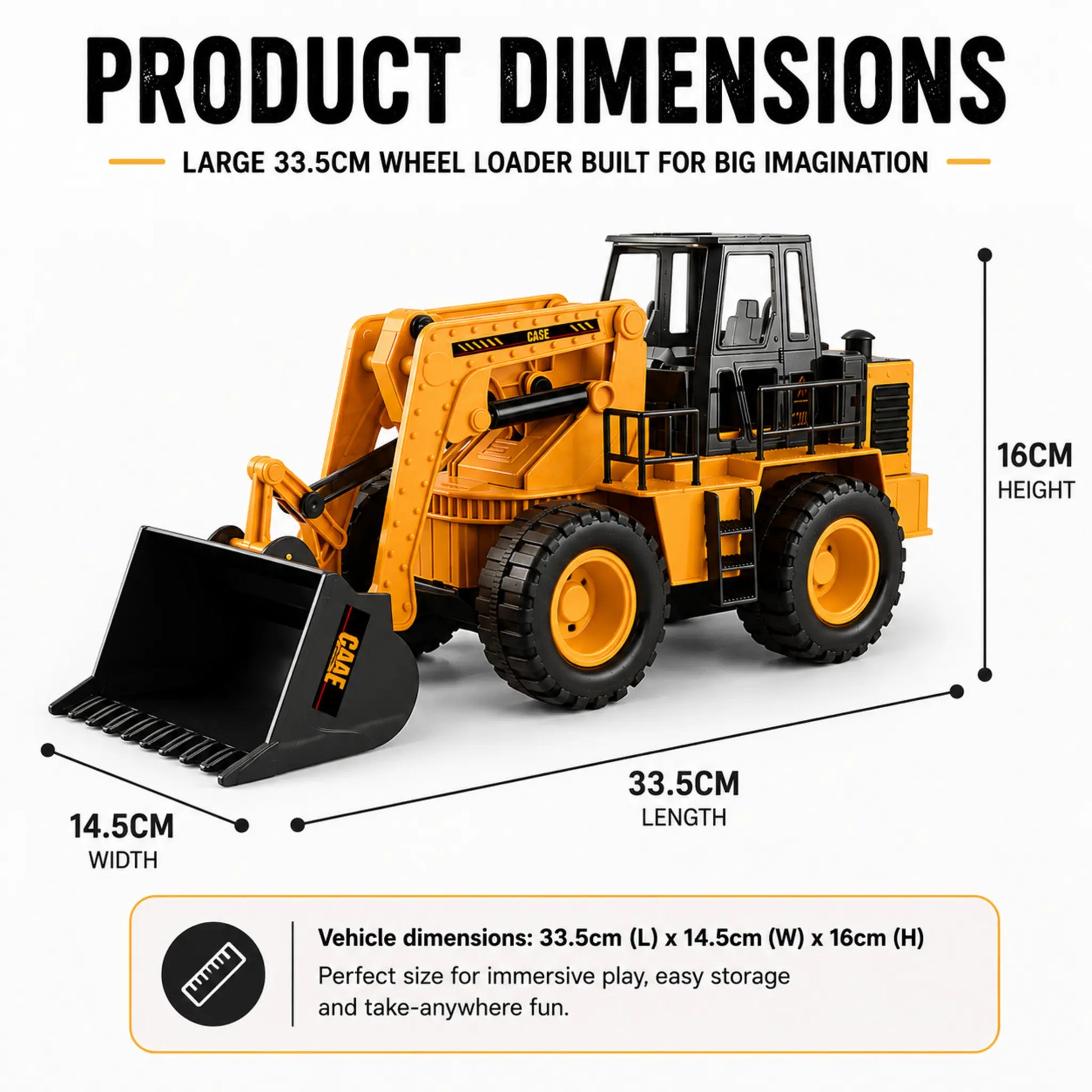 	Dimensions of the remote control wheel loader measuring 33.5cm × 14.5cm × 16cm

