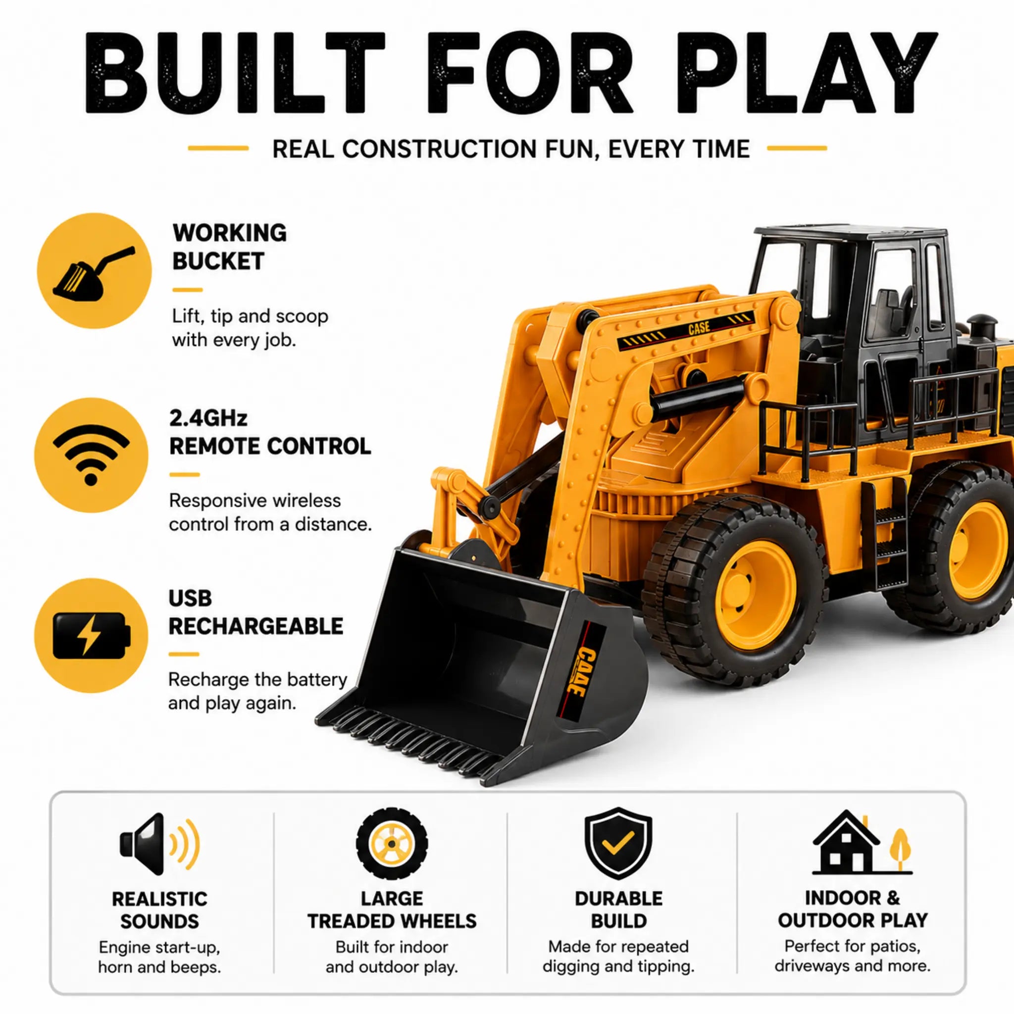 	RC wheel loader showing working bucket, 2.4GHz remote control and rechargeable battery features
