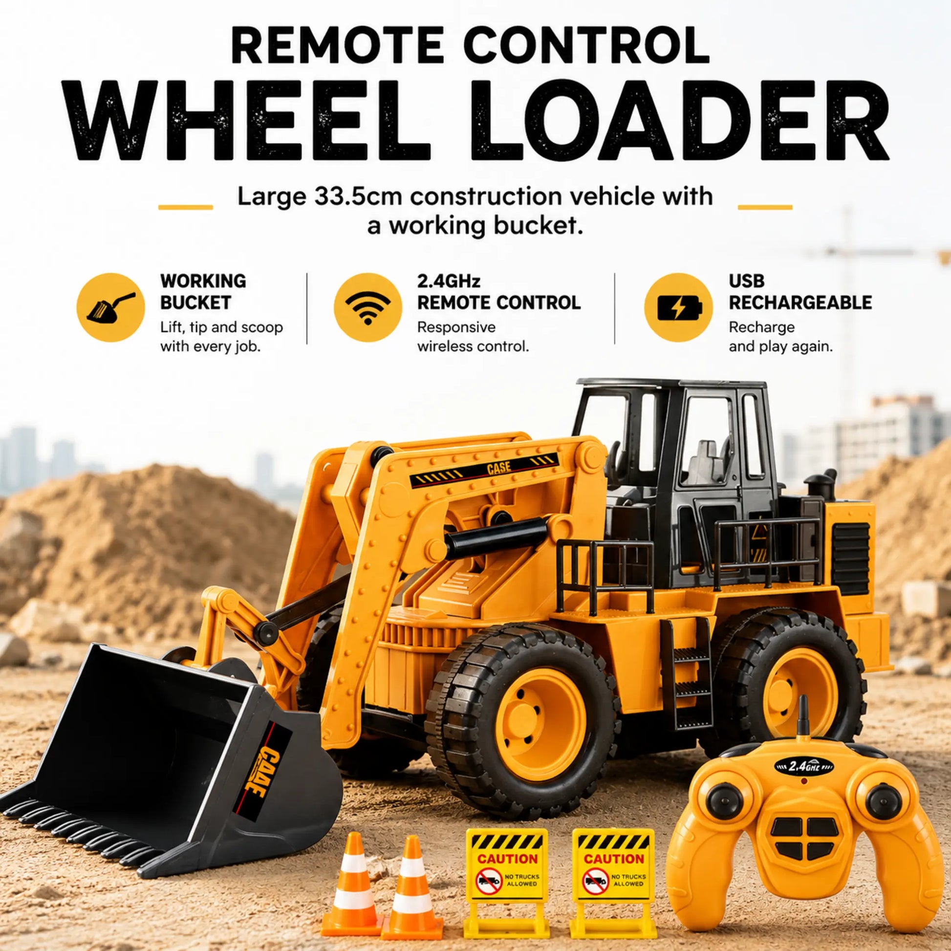 Remote control wheel loader with working front bucket