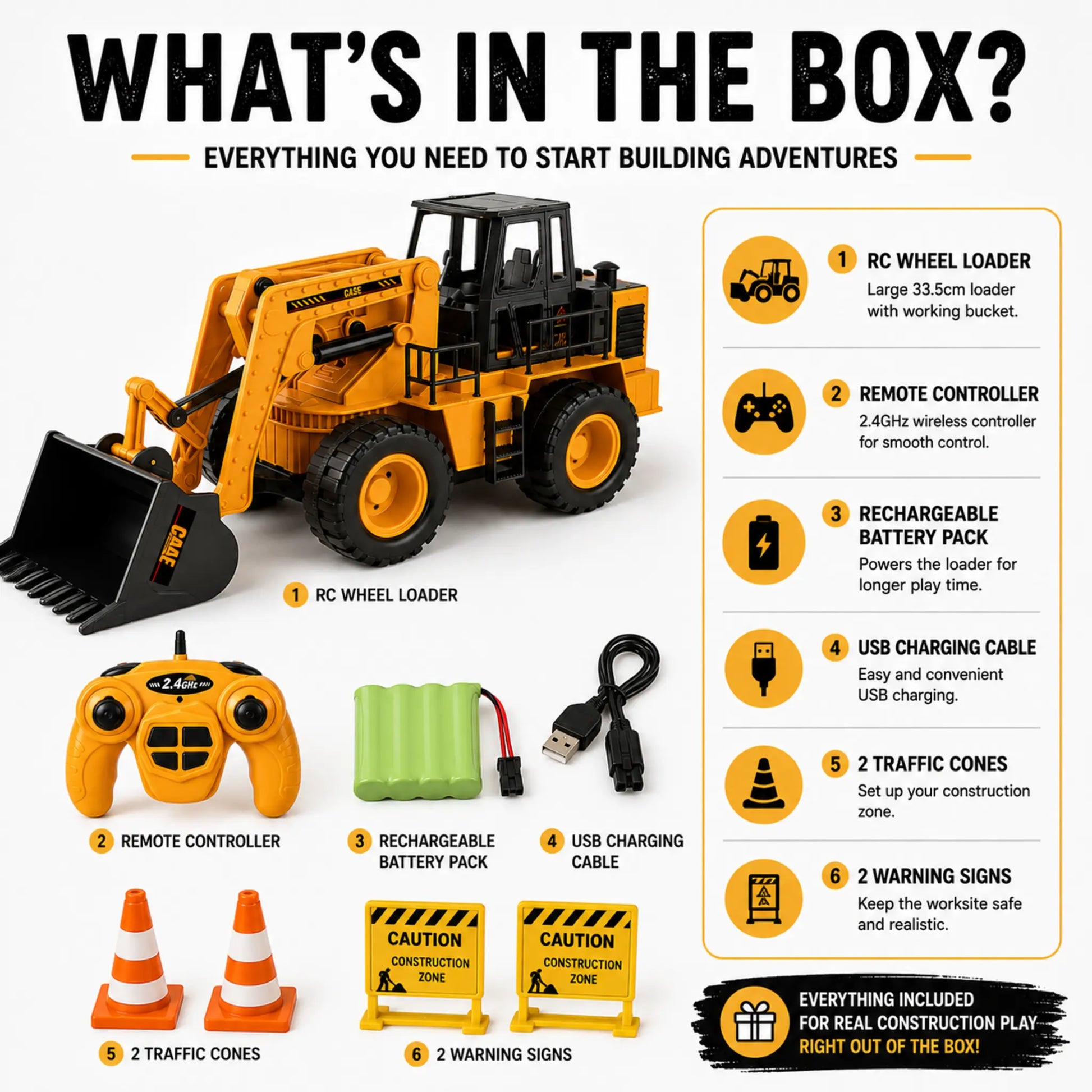 Contents of the RC wheel loader set including loader, remote controller, rechargeable battery, USB cable, traffic cones and warning signs
