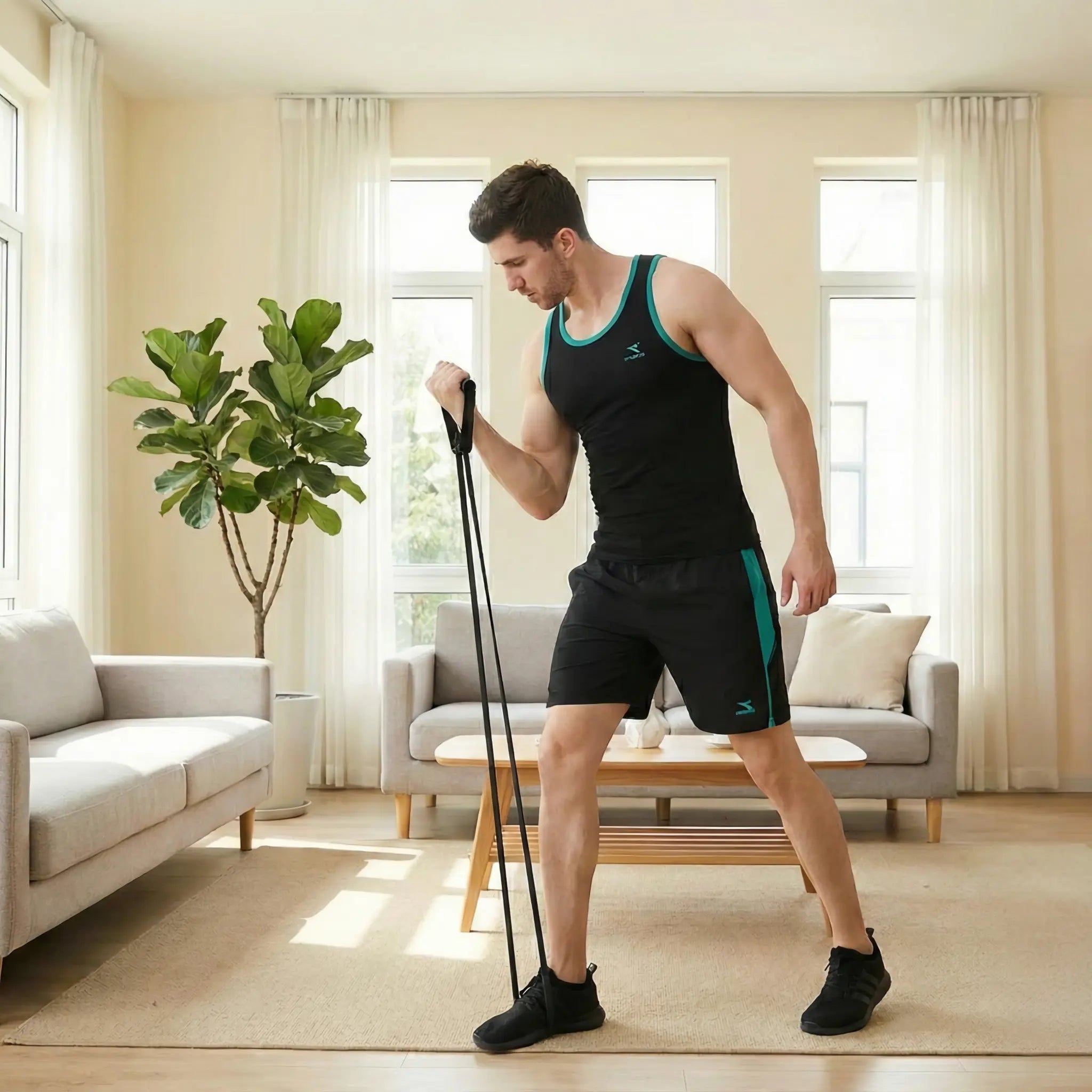 Man performing bicep curls with a black anti-snap resistance band in a living room home gym.