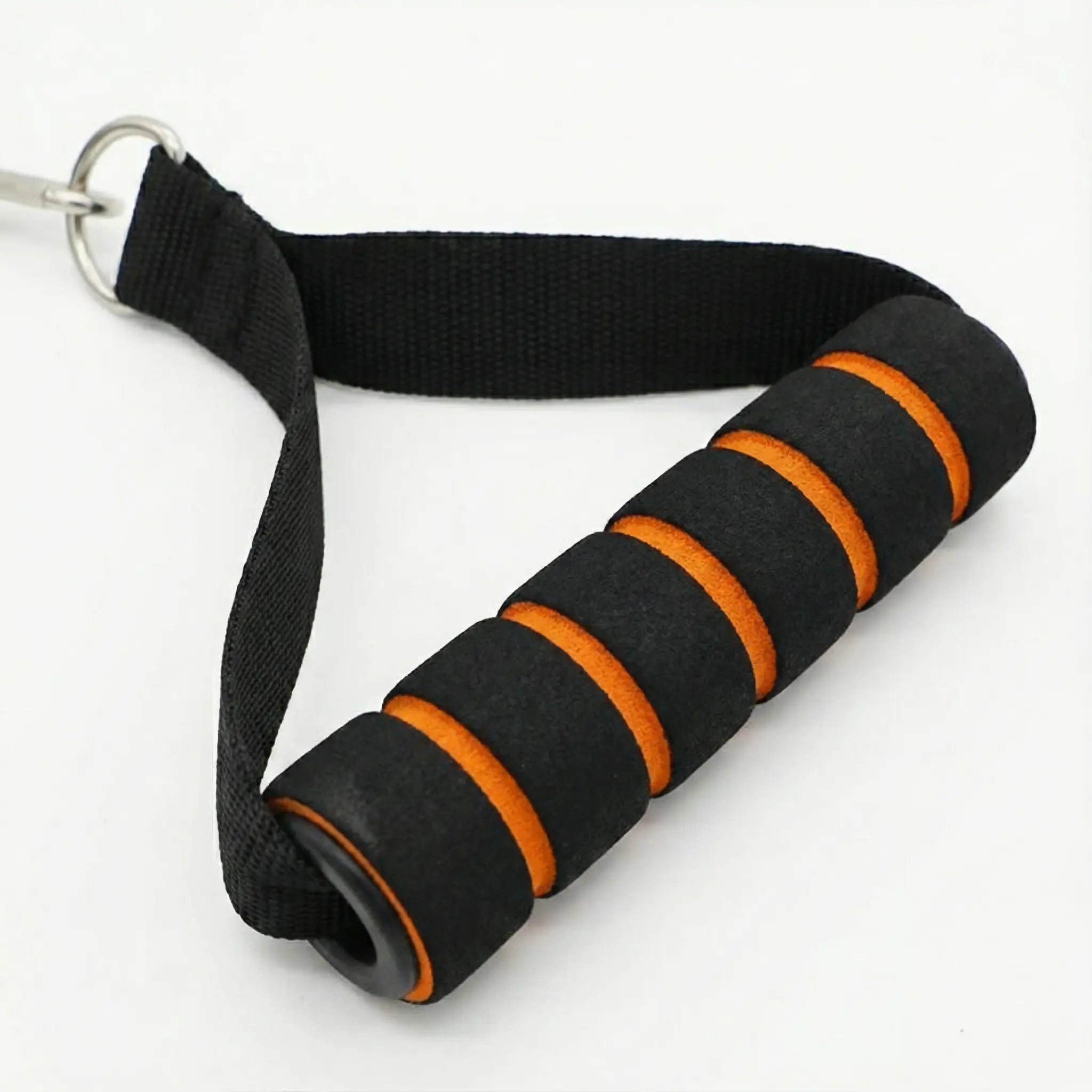Close-up view of the ergonomic black foam handle with orange accents and heavy-duty metal clip on our resistance band.
