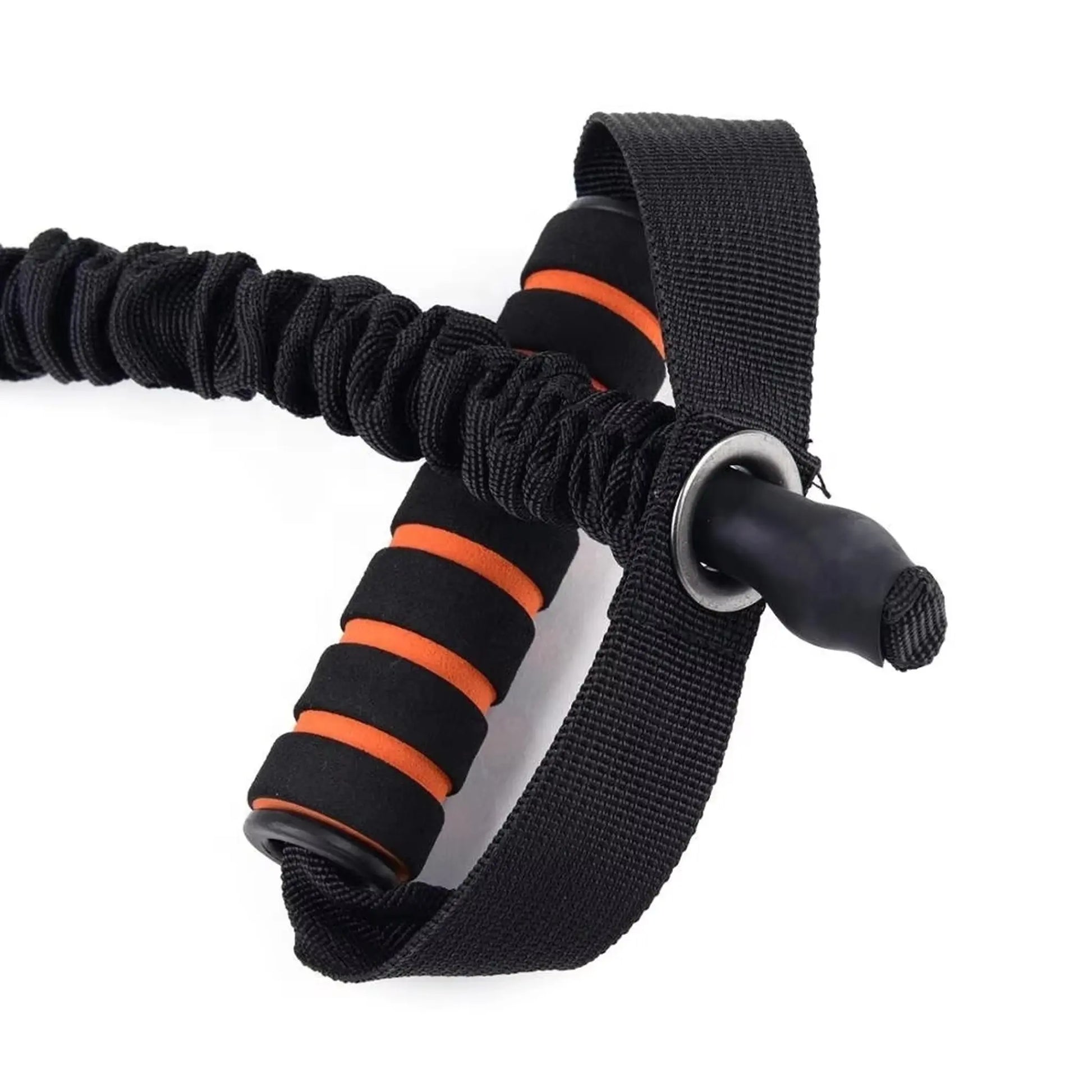 Black and orange resistance band with a handle on a white background
