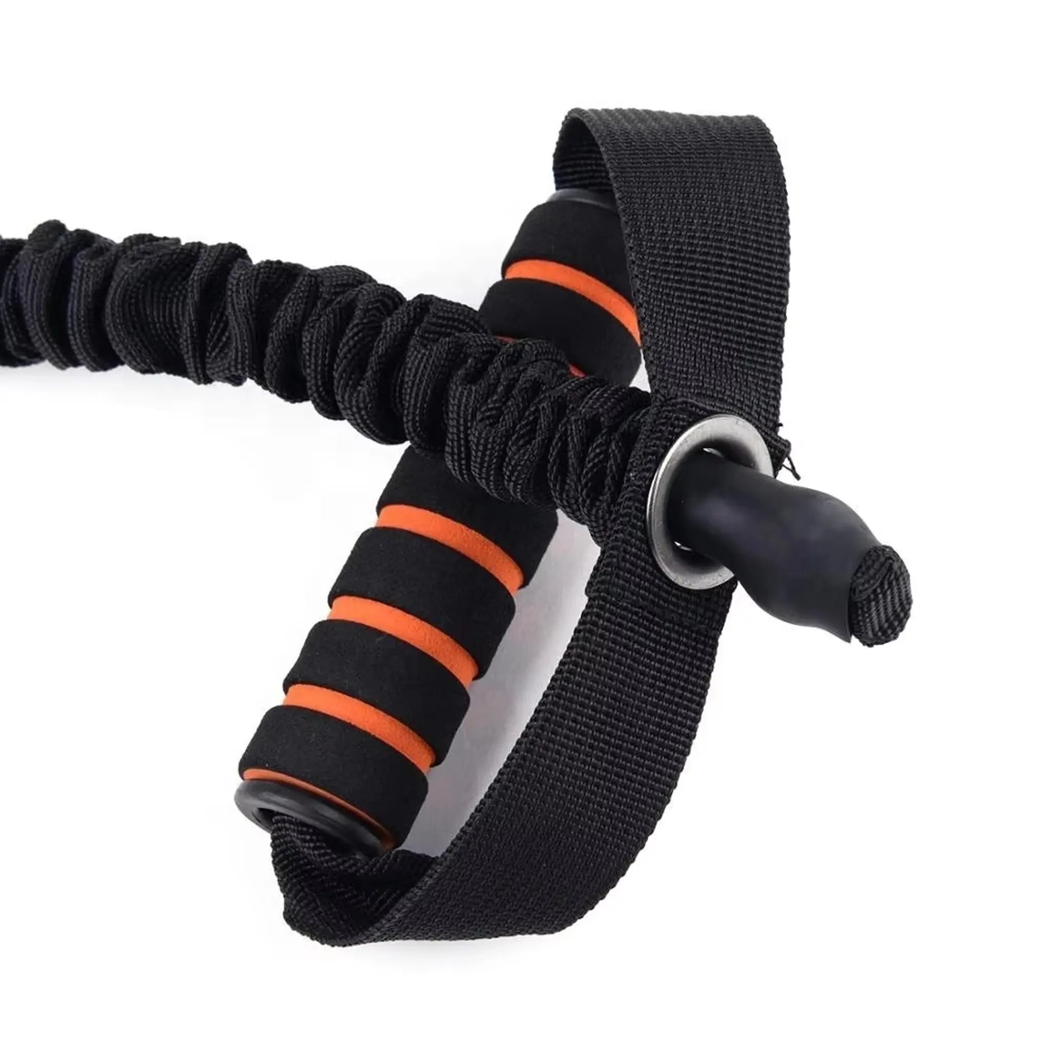 Black and orange resistance band with a handle on a white background