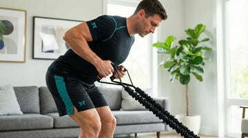 Man exercising with resistance bands in a living room.