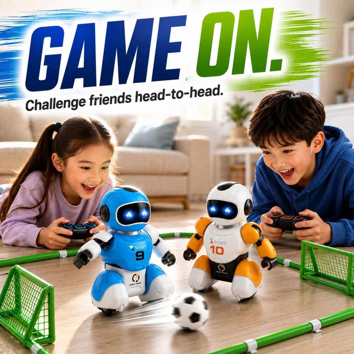 Children playing a head-to-head robot football match with two remote control football robots