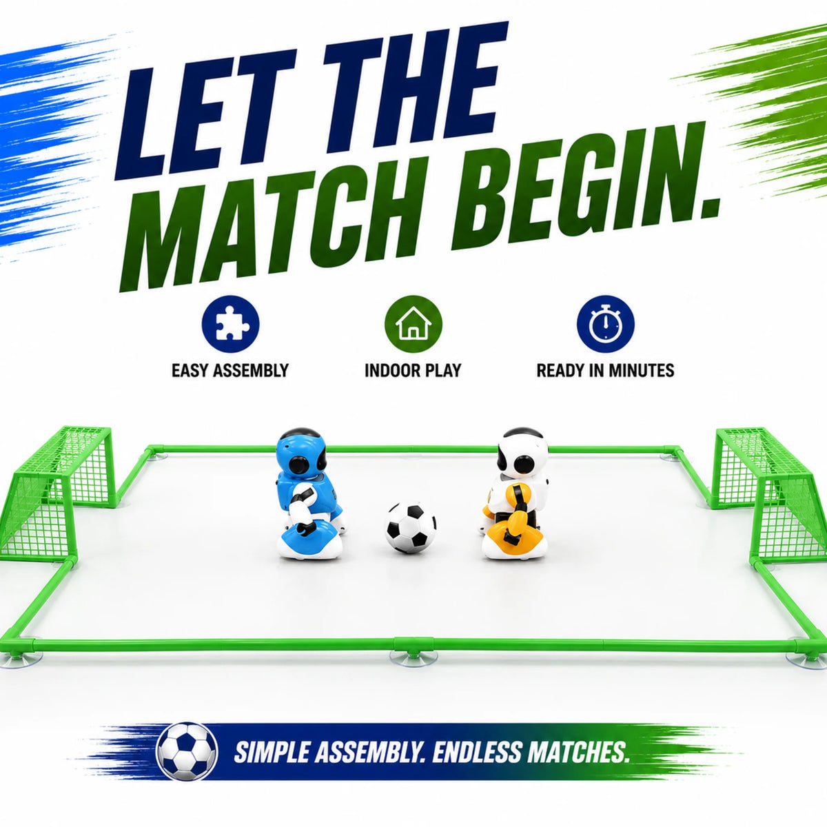 Two RC football robots facing off on the assembled indoor football pitch