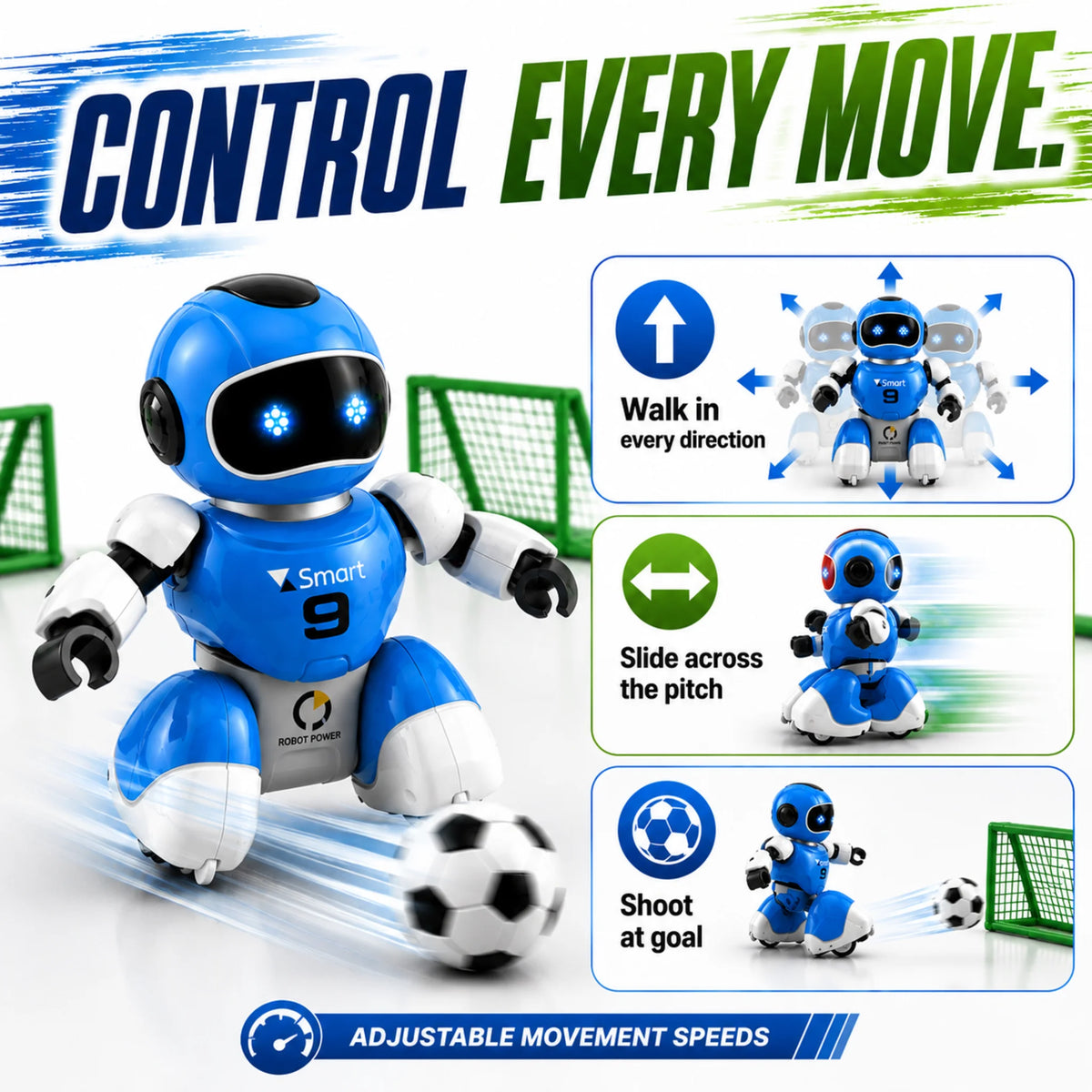 Remote control football robot demonstrating walking, sliding and shooting movements