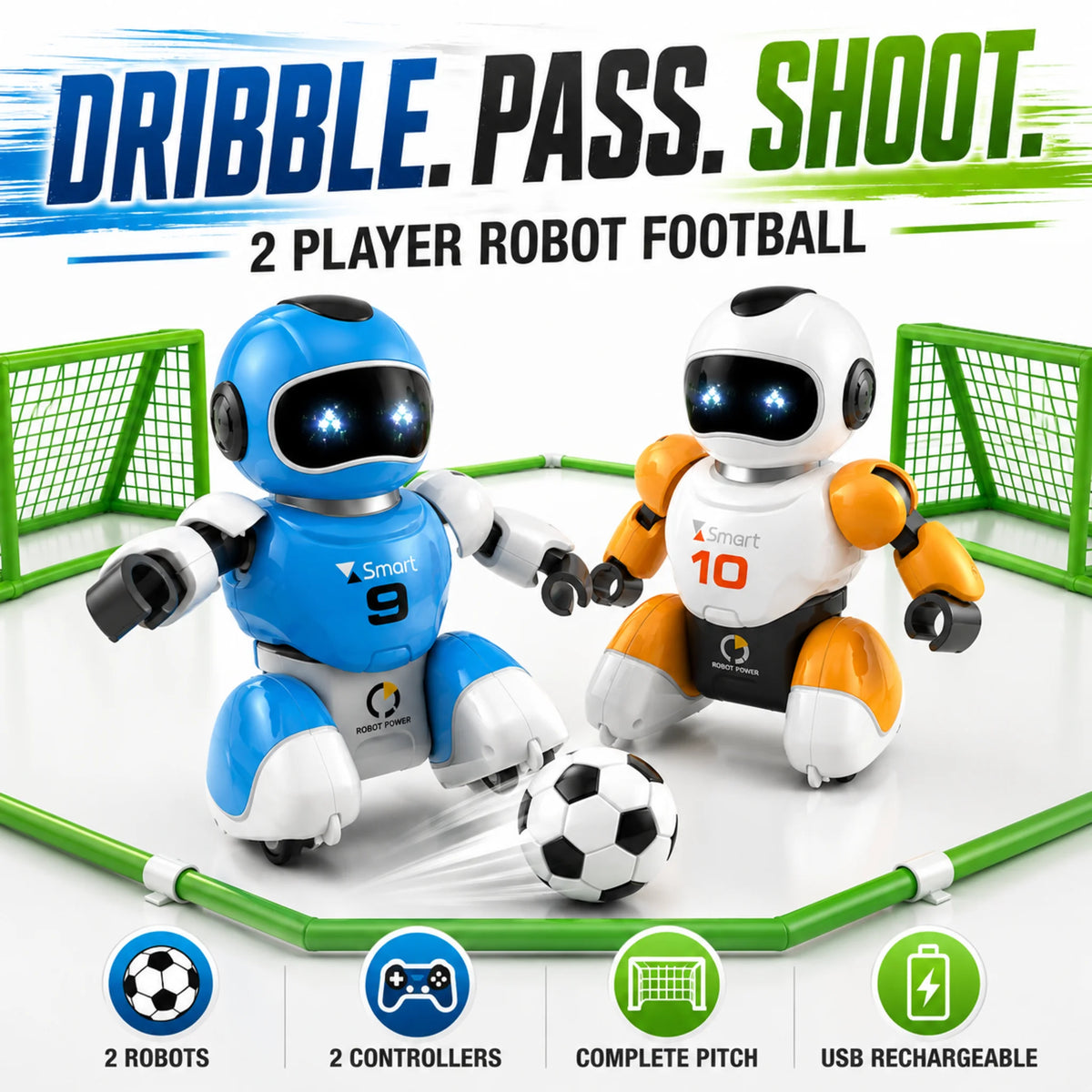 Two programmable RC football robots dribbling a football with remote controls for two-player indoor games