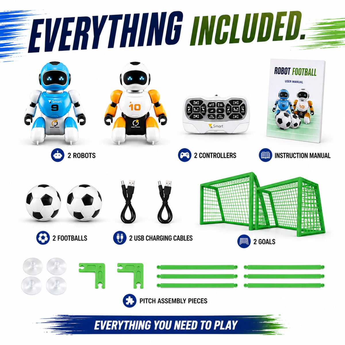 Complete robot football game set including two robots, controllers, footballs, goals and accessories