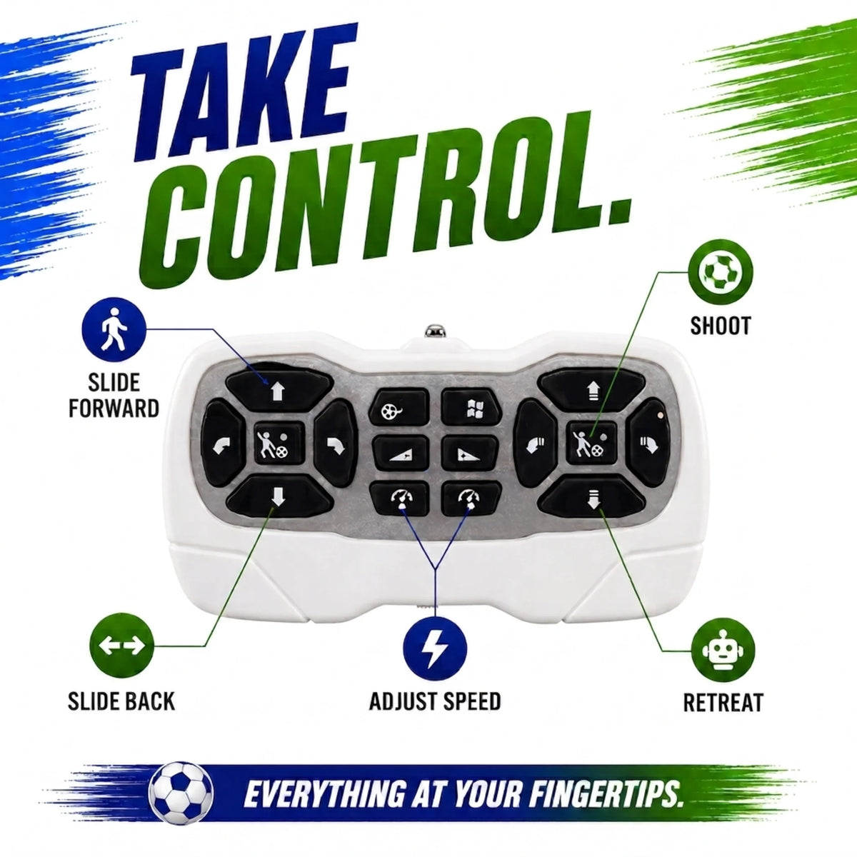 Dual remote controller with walk, slide, shoot, speed adjustment and programming controls for robot football game
