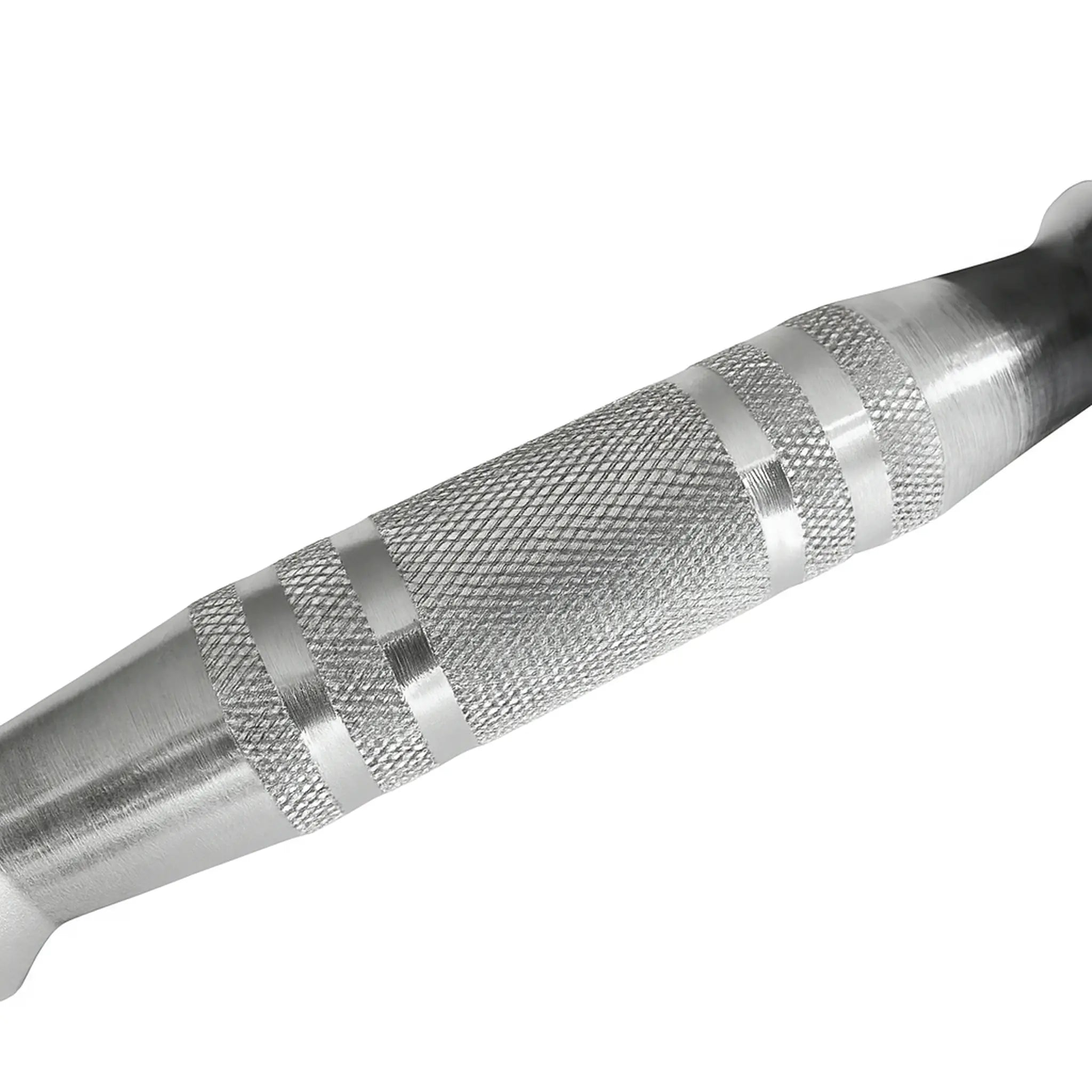 Knurled steel handle on rubber dumbbell for secure grip