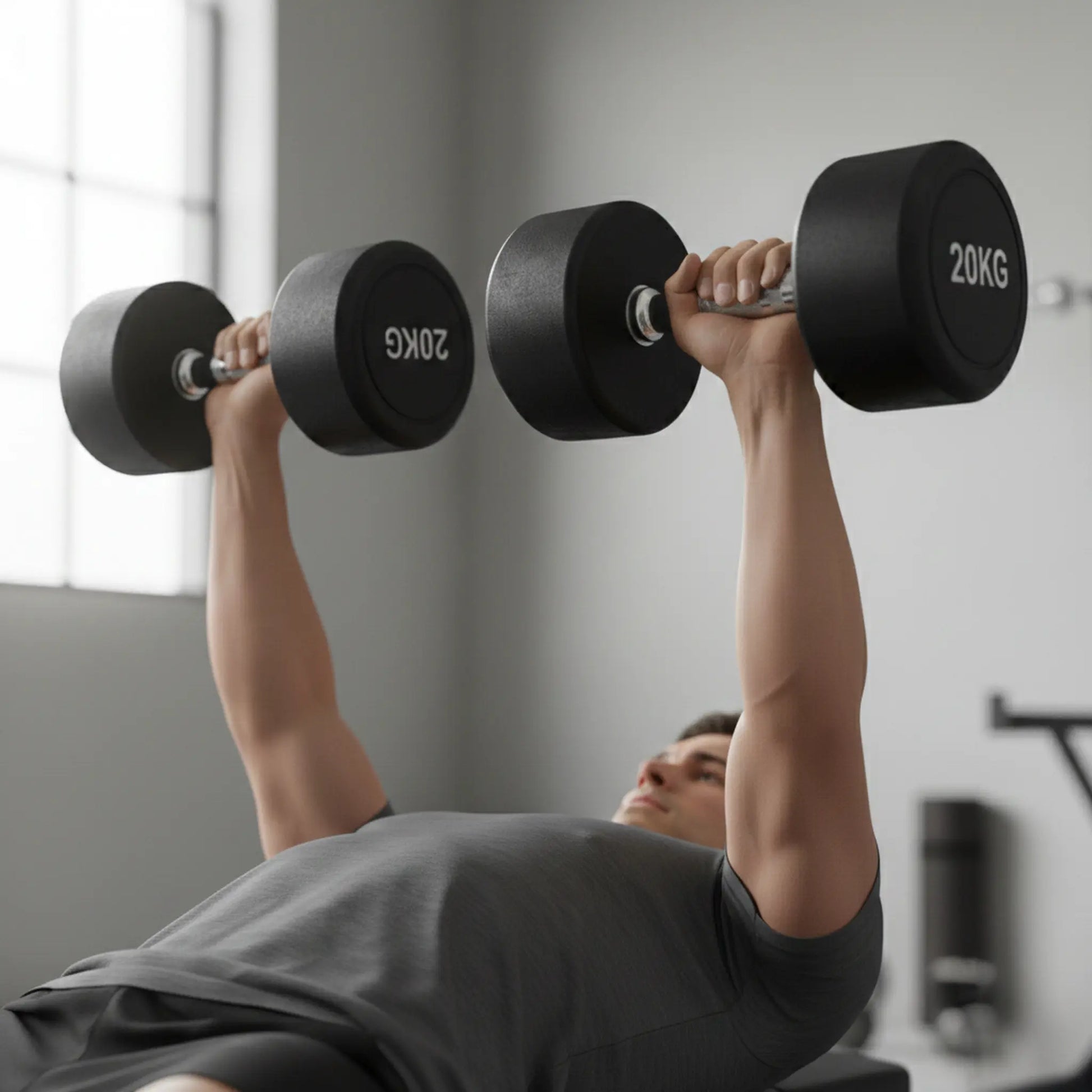 Man performing bench press with rubber dumbbells