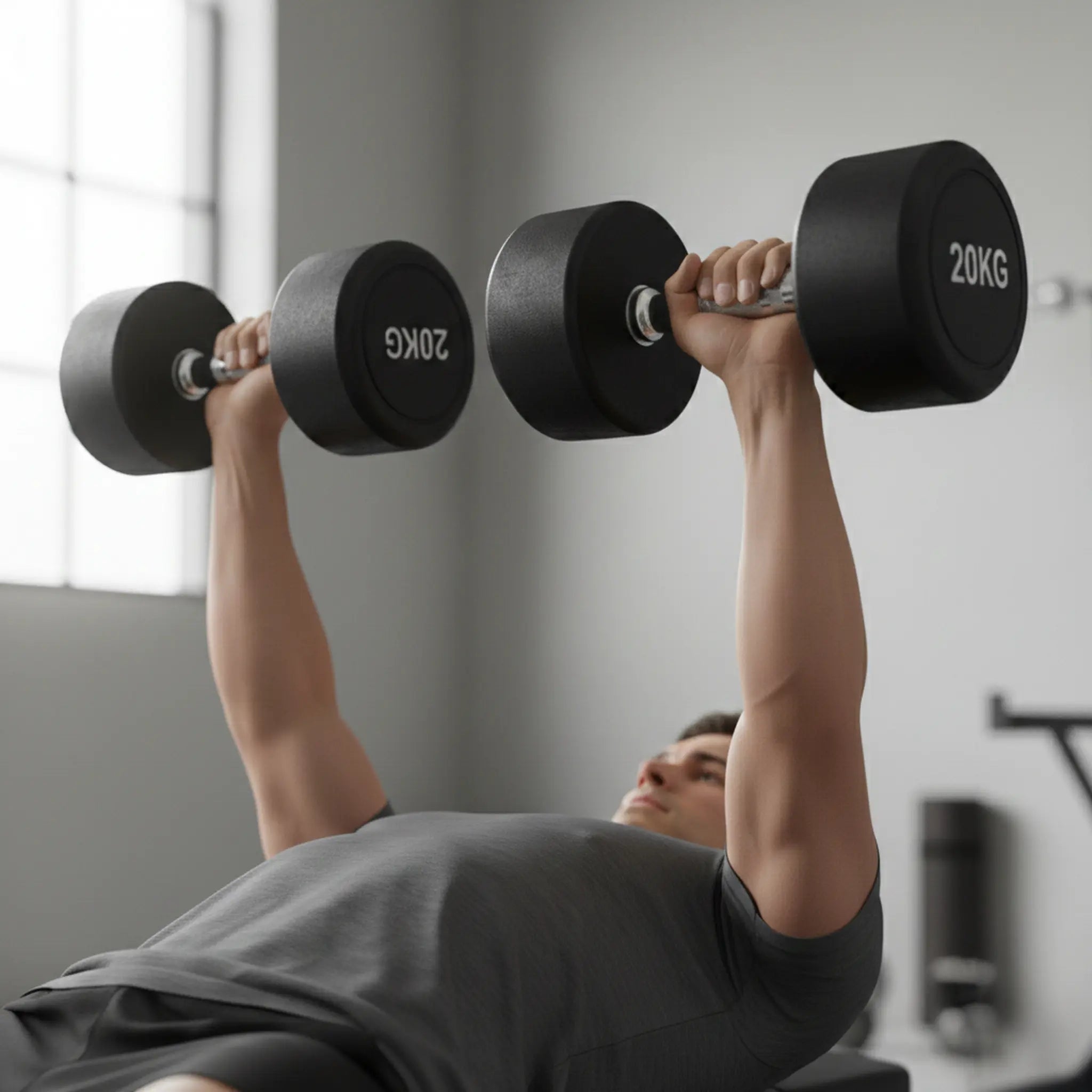 Man performing bench press with rubber dumbbells
