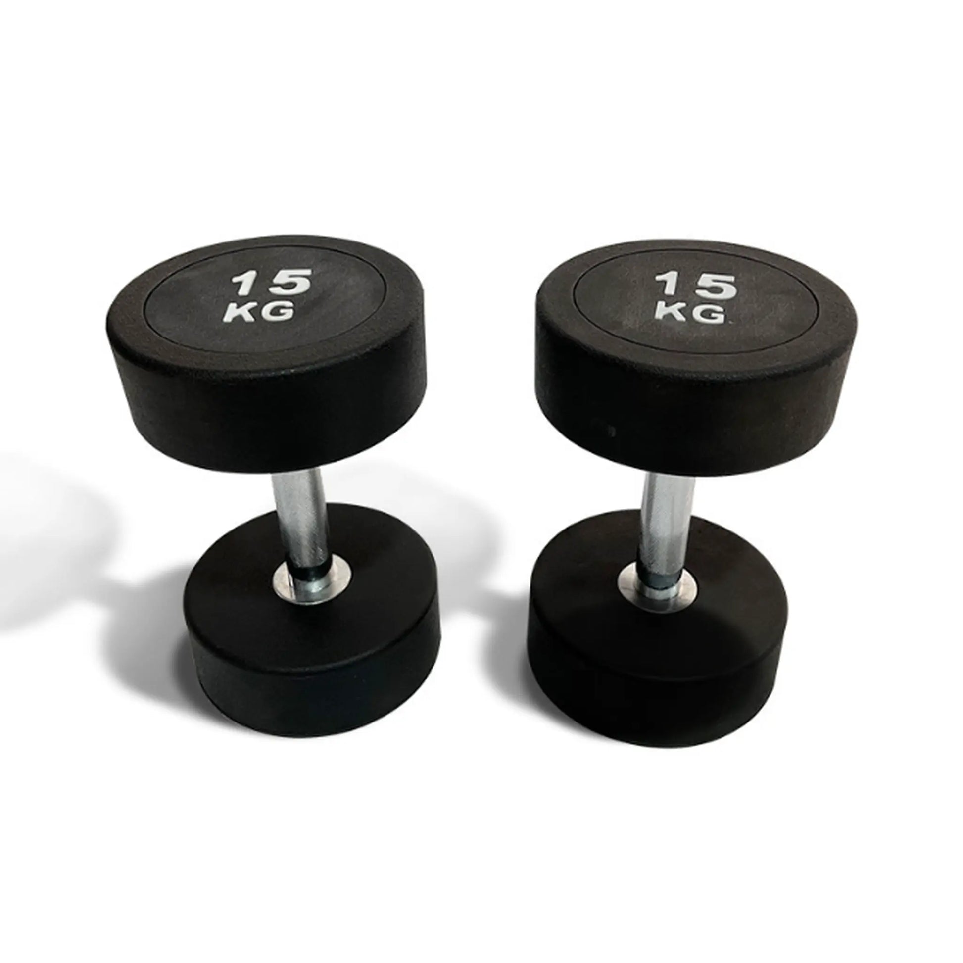 Rubber dumbbells pair with knurled steel handles on white background