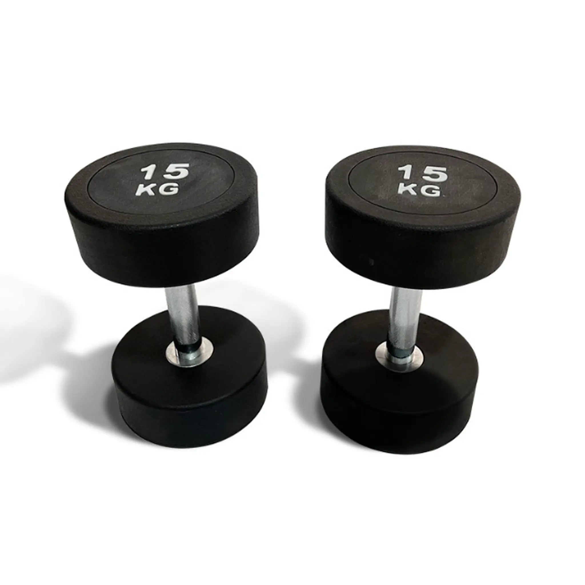 Rubber dumbbells pair with knurled steel handles on white background