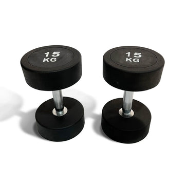 Rubber dumbbells pair with knurled steel handles on white background