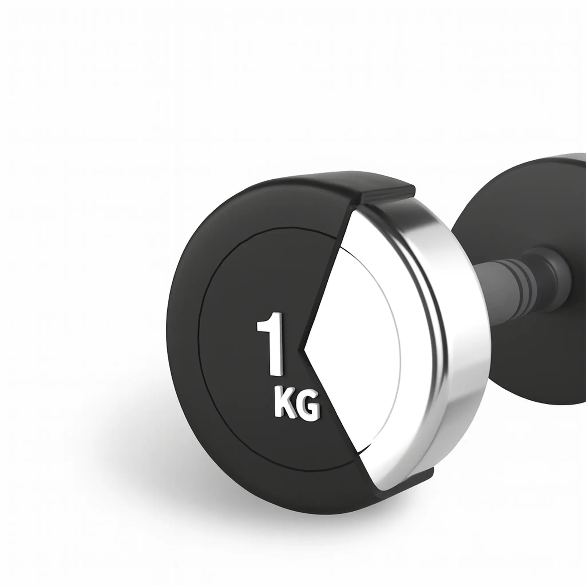 Rubber dumbbell showing solid steel core construction