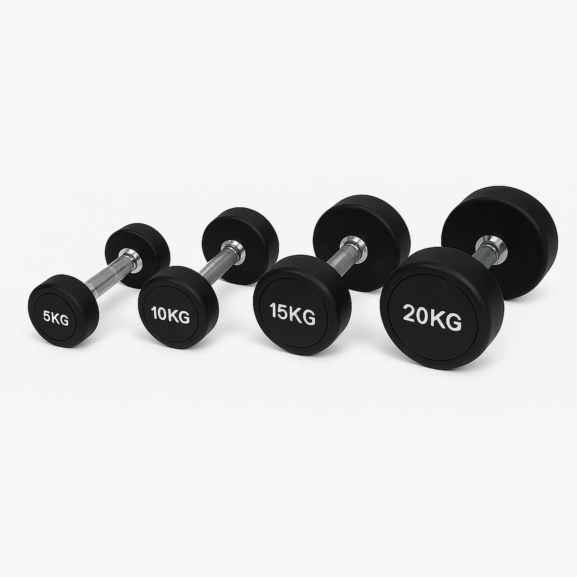 Rubber dumbbells in 5kg, 10kg, 15kg and 20kg sizes