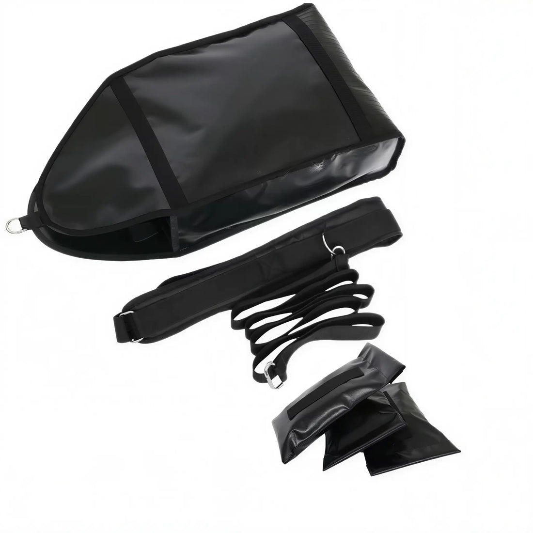 Sand drag sled kit showing sled shell, three weight bags, and waist belt