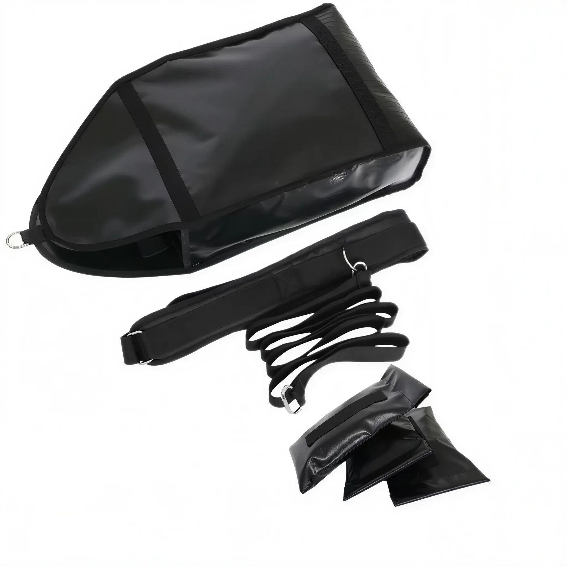 Sand drag sled kit showing sled shell, three weight bags, and waist belt