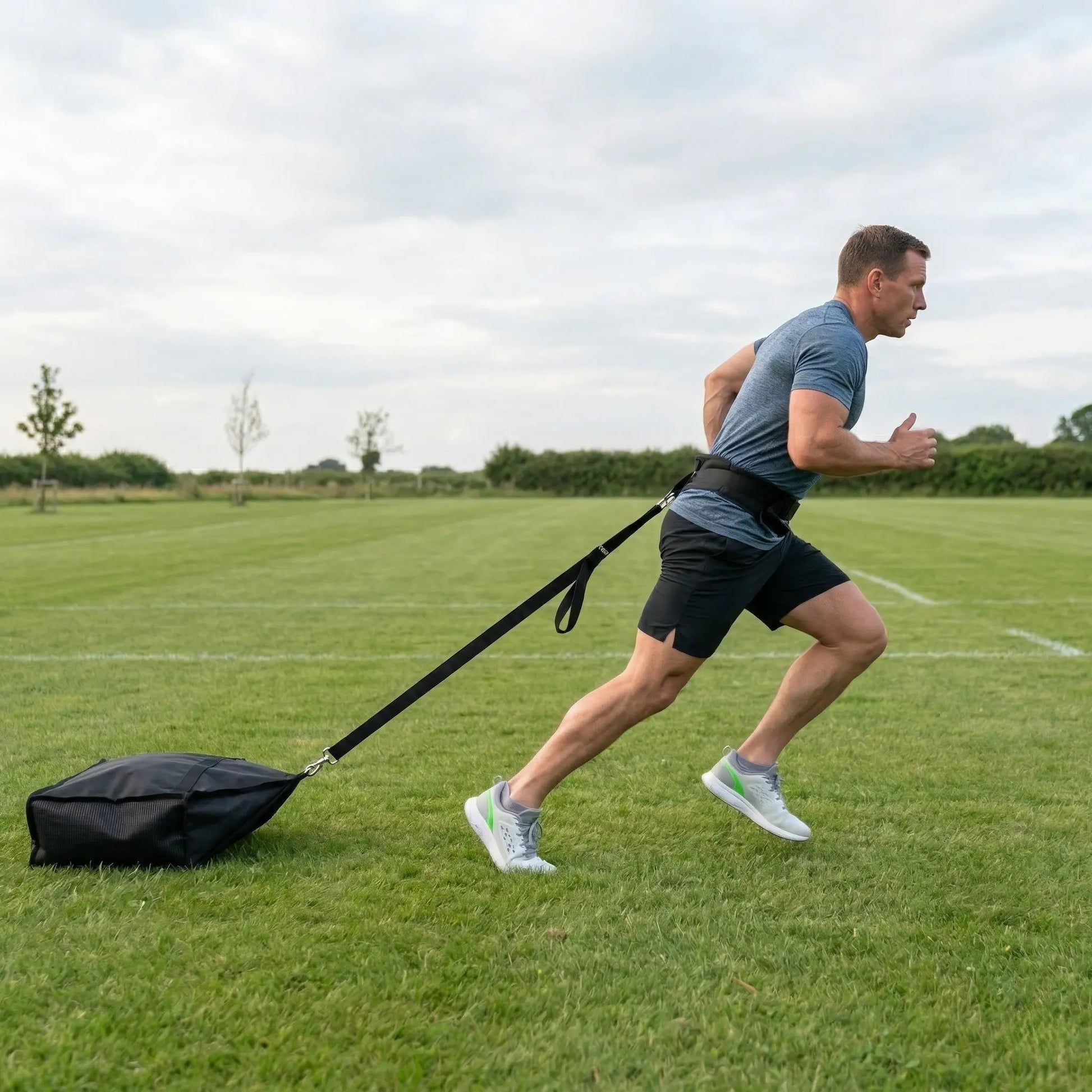 Man dragging sand drag sled on grass pitch with waist belt