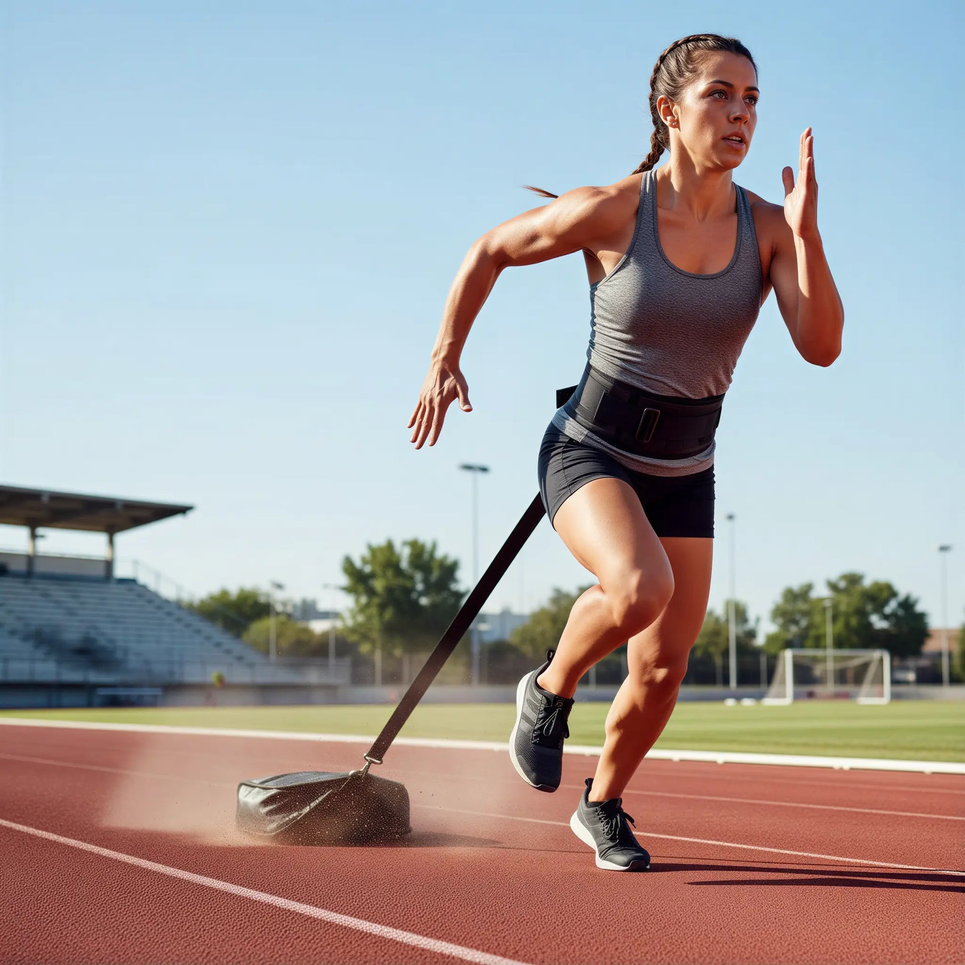 Woman sprinting with sand drag sled on running track