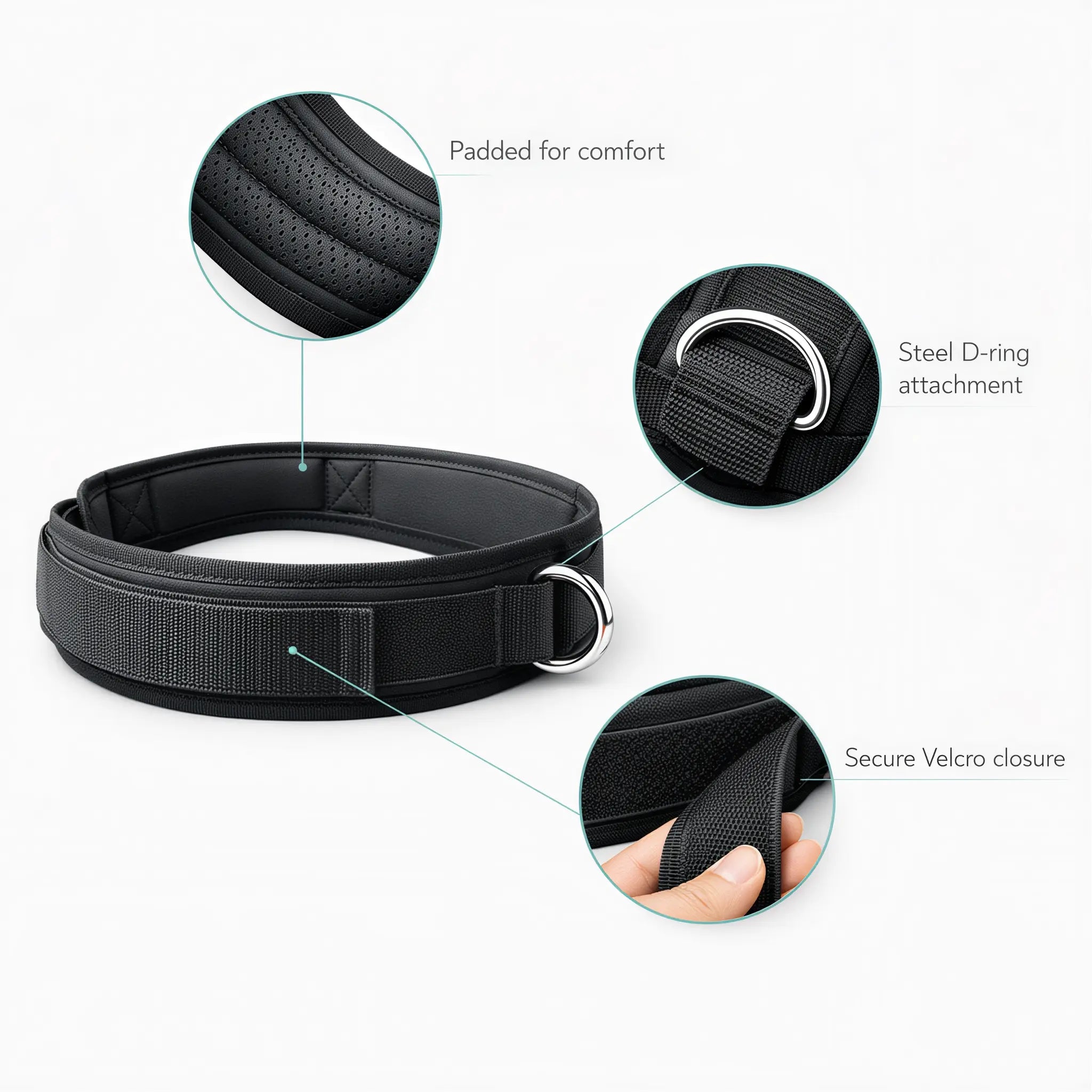Sand drag sled waist belt showing padding, steel D-ring, and velcro closure