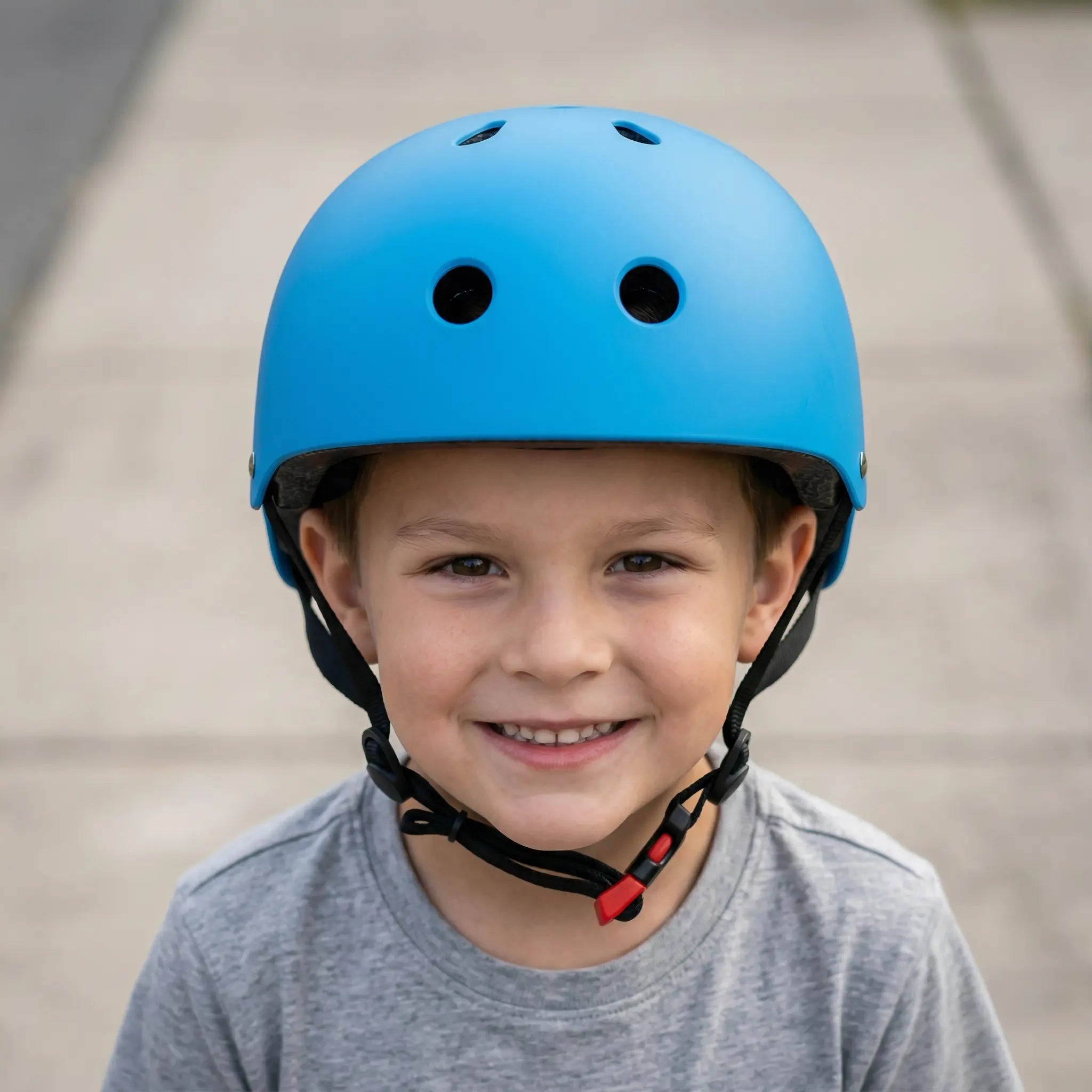 Child wearing blue helmet showing front fit and secure strap