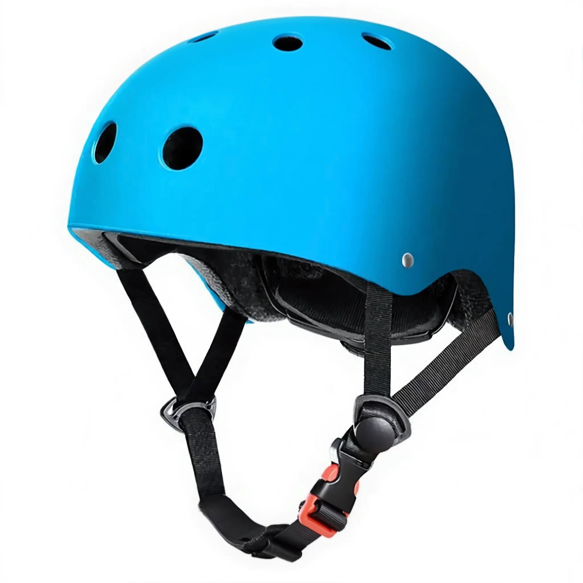 Blue skateboard and scooter helmet with adjustable chin strap on white background