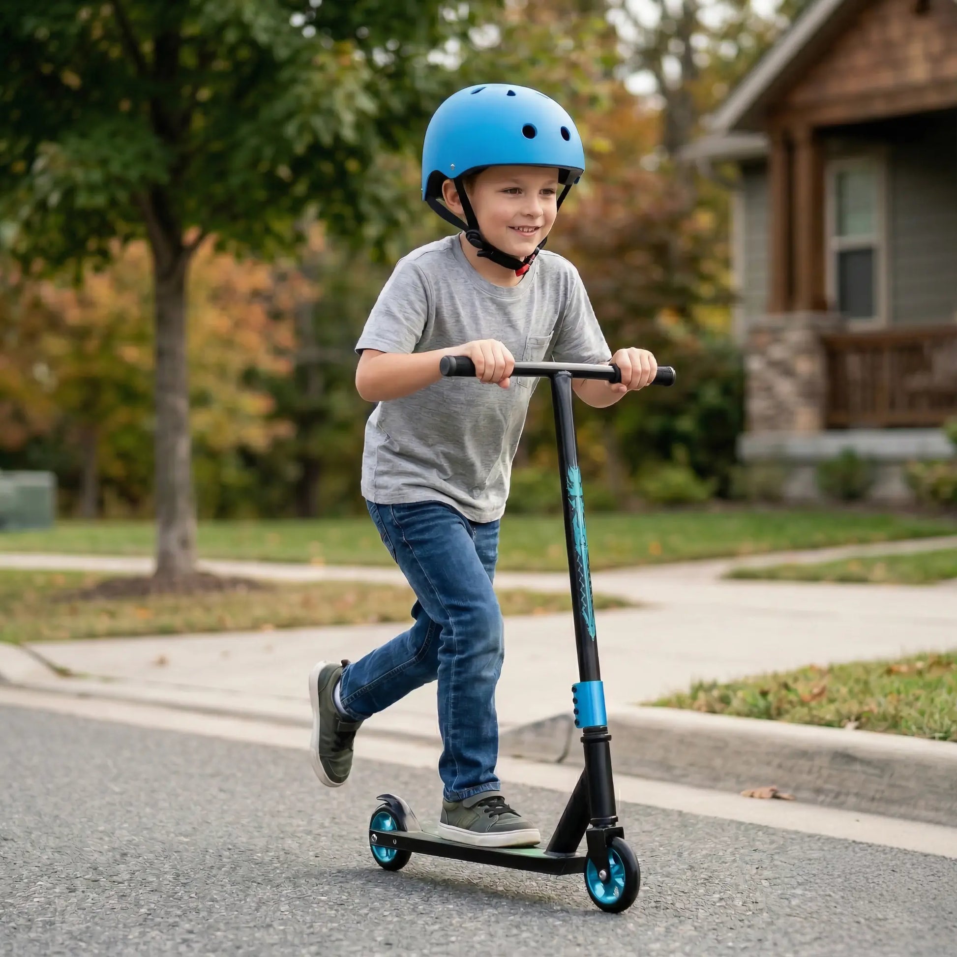 Child wearing blue helmet riding scooter outdoors on residential street