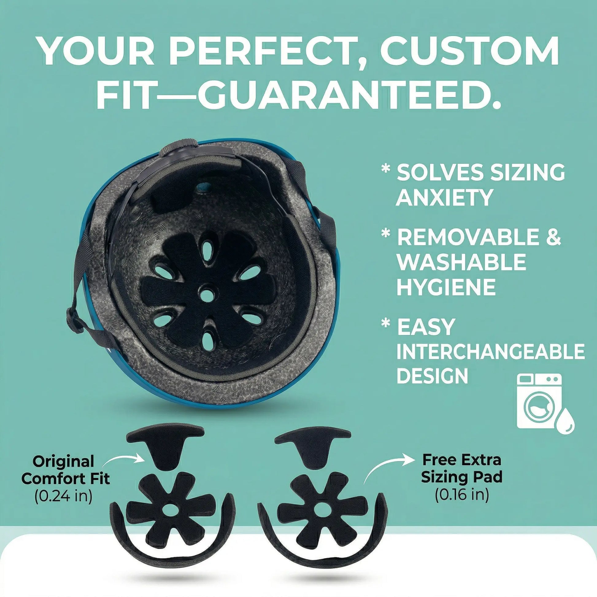 Helmet interior showing removable padding and adjustable fit system with liner sizes