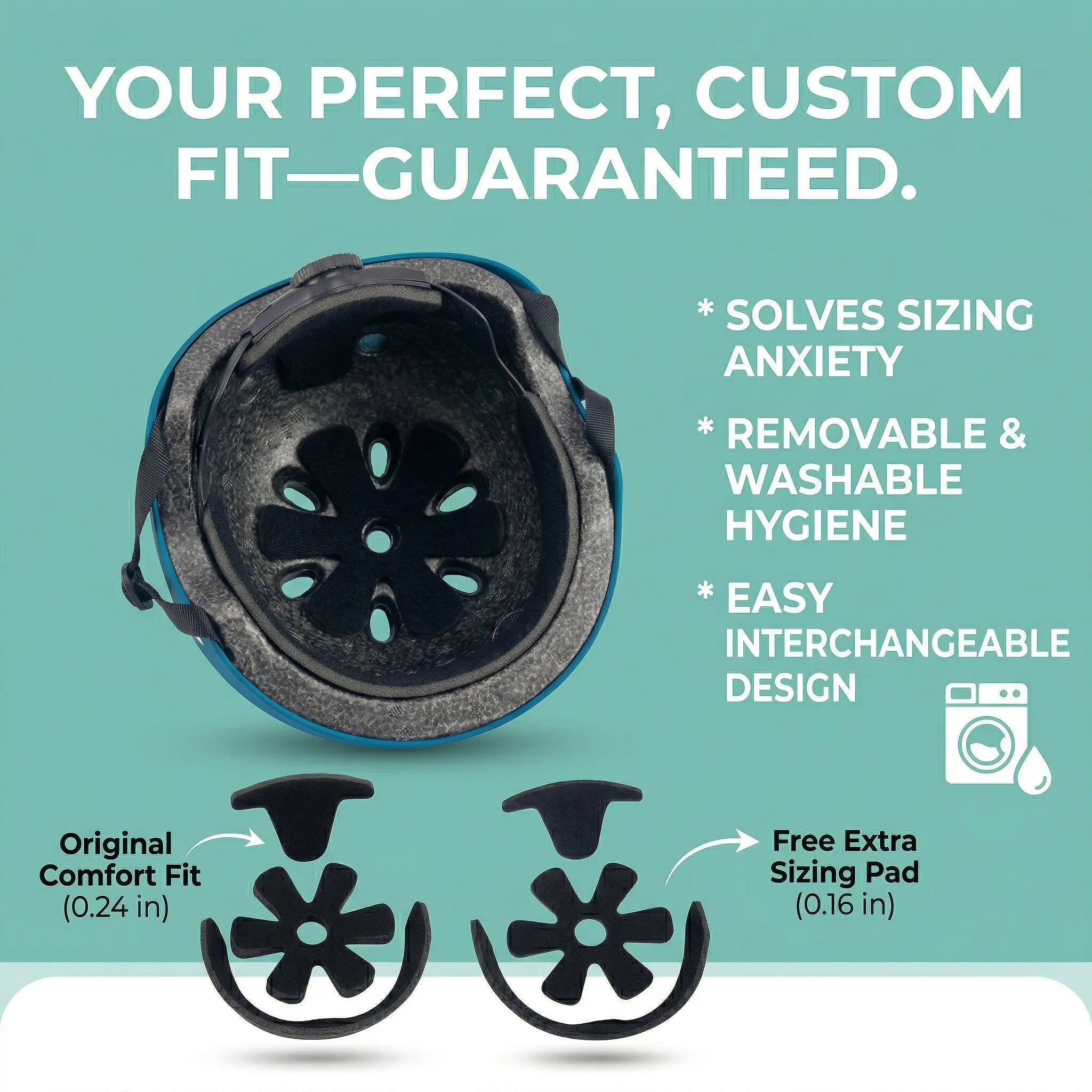 Helmet interior showing removable padding and adjustable fit system with liner sizes