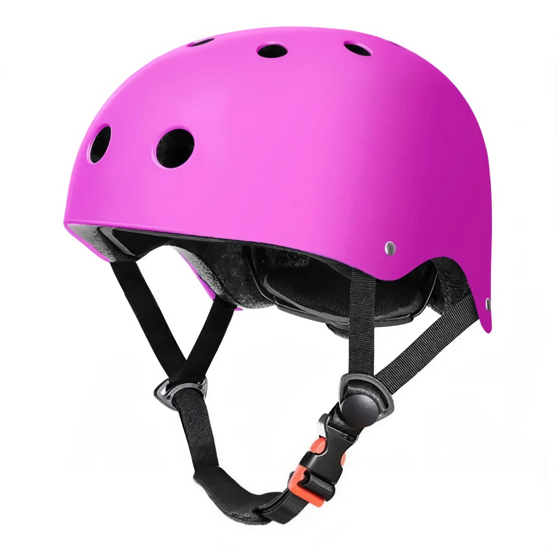 Pink skateboard and scooter helmet with ventilation holes and adjustable strap