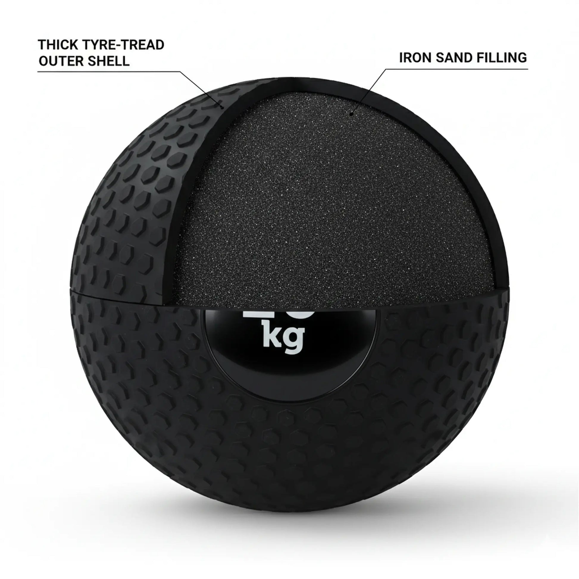 Cutaway view of tyre tread slam ball showing reinforced shell and iron sand filling