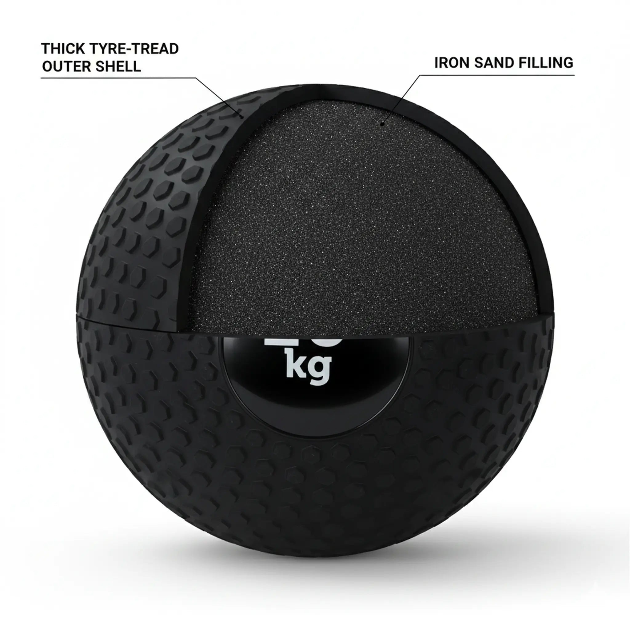 Cutaway view of tyre tread slam ball showing reinforced shell and iron sand filling