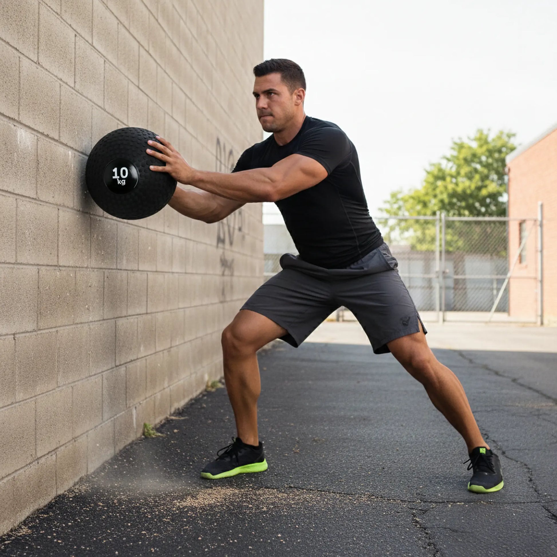 Athlete performing wall throws with a tyre tread slam ball