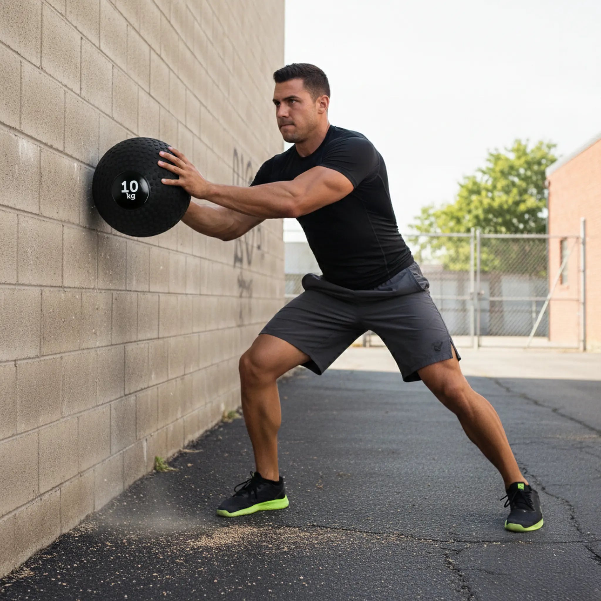 Athlete performing wall throws with a tyre tread slam ball
