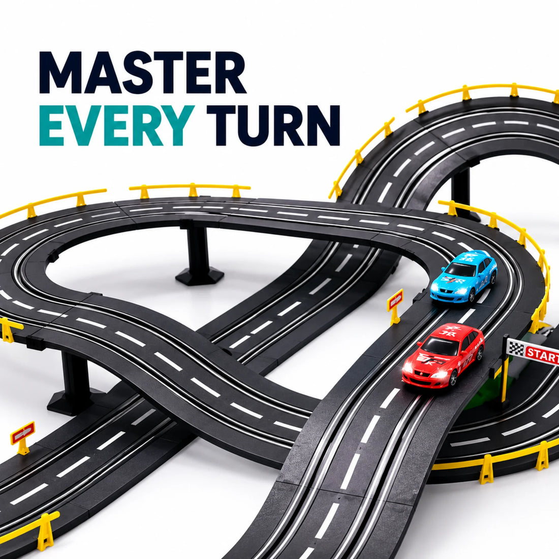 5m Electric Slot Car Racing Set on a white background with two LED racing cars and elevated track