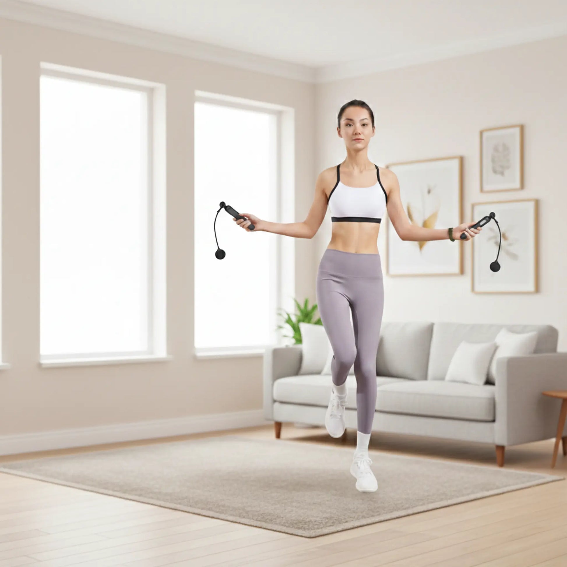 Person using smart jump rope for home cardio workout