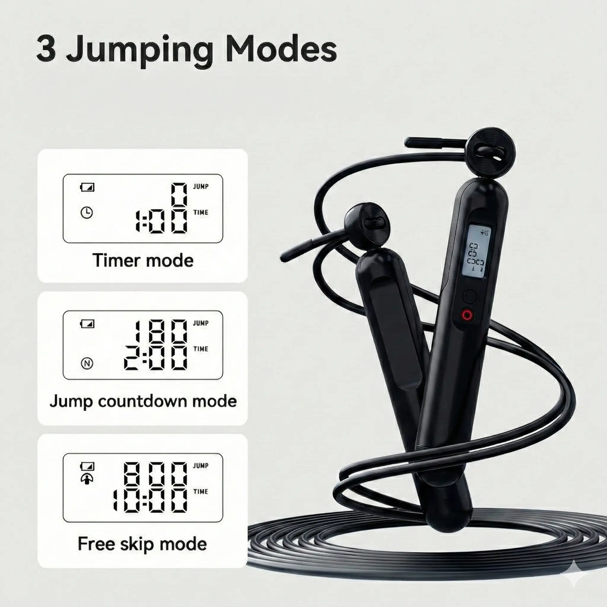 Smart jump rope showing timer mode, jump countdown mode and free skip mode
