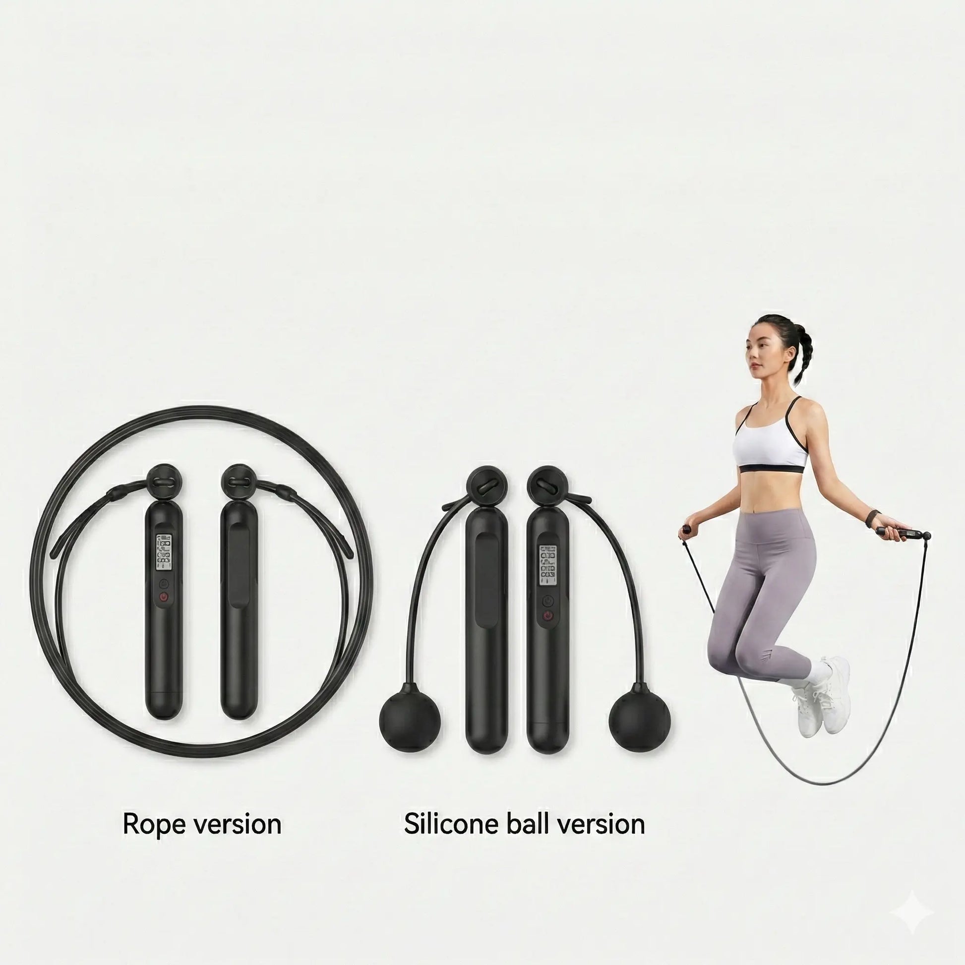 Smart jump rope showing rope version and cordless silicone ball version