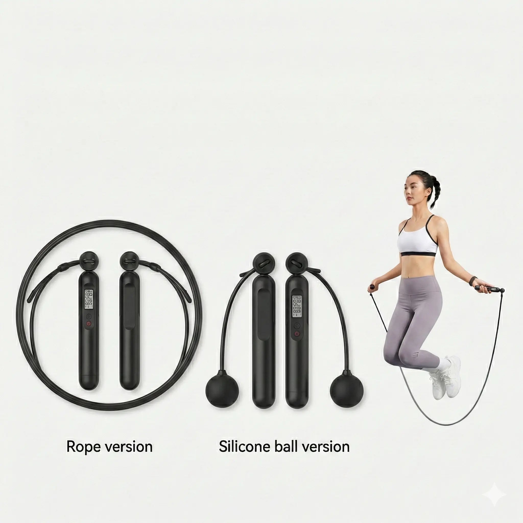 Smart jump rope showing rope version and cordless silicone ball version